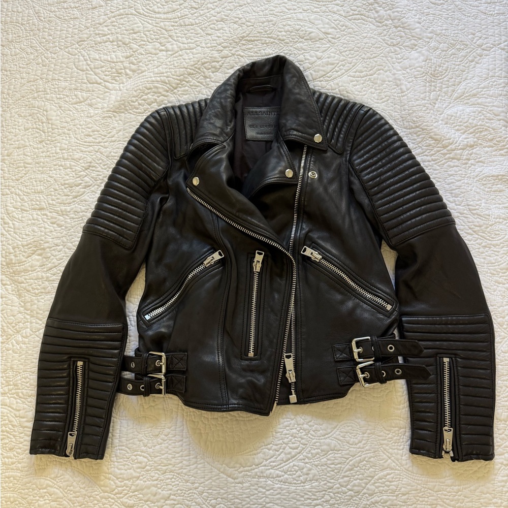 All Saints Black Leather Moto Jacket with Quilted Details - Picture 4 of 9